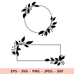 Floral Rectangular Frame Svg Round Leaves Frame File for Cricut