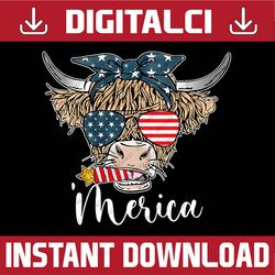 merica highland cow with bandana patriotic 4th of july 4th of july, memorial day, american flag, independence day png fi