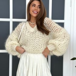 chunky knit mohair sweater, oversized knitted sweater, mohair fall pullover, fluffy handmade sweater, hand knit sweater
