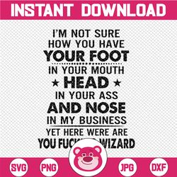i'm not sure how you have your foot in your mouth head in your ass and nose in my business svg, dxf png cut file for cri