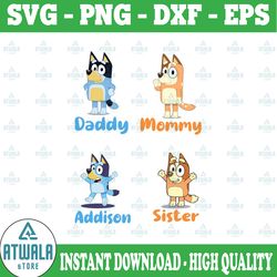 personalized named bluey svg, the heeler family bluey dad mom svg, doggy svg, funny bluey, blue heeler cartoon dog famil