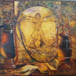 large oil painting vintage style vitruvian man artwork old painting vintage oil painting