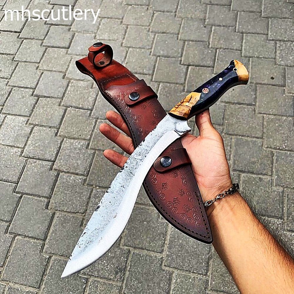 Custom Handmade Carbon Steel Bushcraft Hunting Kukri Knife With Wood Handle And Leather Sheath - MHSCUTLERY