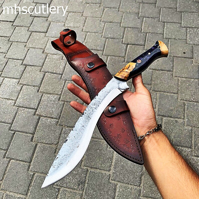 Custom Handmade Carbon Steel Bushcraft Hunting Kukri Knife With Wood Handle And Leather Sheath - MHSCUTLERY