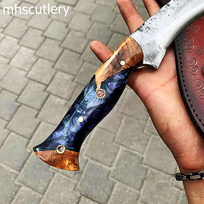 Custom Handmade Carbon Steel Bushcraft Hunting Kukri Knife With Wood Handle And Leather Sheath - MHSCUTLERY
