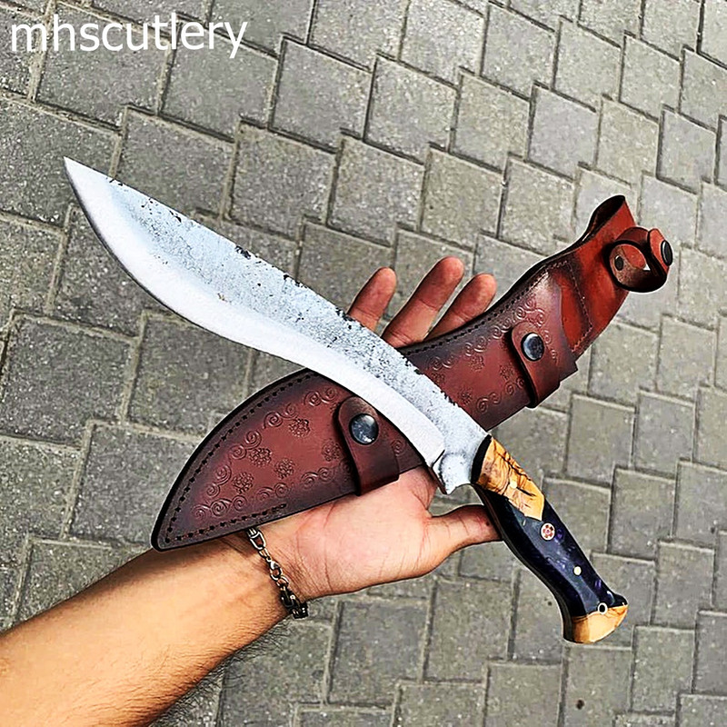 Custom Handmade Carbon Steel Bushcraft Hunting Kukri Knife With Wood Handle And Leather Sheath - MHSCUTLERY