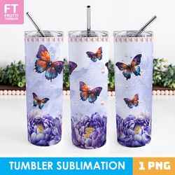 Butterfly Tumbler Sublimation Wrap with Flowers - 1 PNG