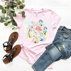 disney watercolor princess shirt, disney princess character shirt, princes, ariel, belle, rapunzel, jasmine, aurora, shi