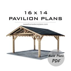 Diy 16 x 14 gable pavilion plans pdf. Carport plans. Pergola plans. Backyard pavilion plans for outdoor. Wooden gazebo