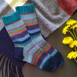 Blue striped hand-knitted wool socks