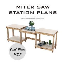 Diy Miter Saw Station plans pdf for workshop. Workbench saw table for woodworking in the garage storage. Miter station