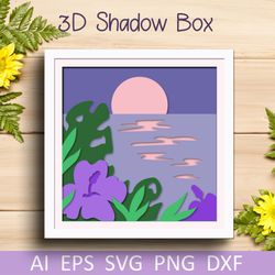 Sea and tropical flowers shadow box template, 3d layered summer design
