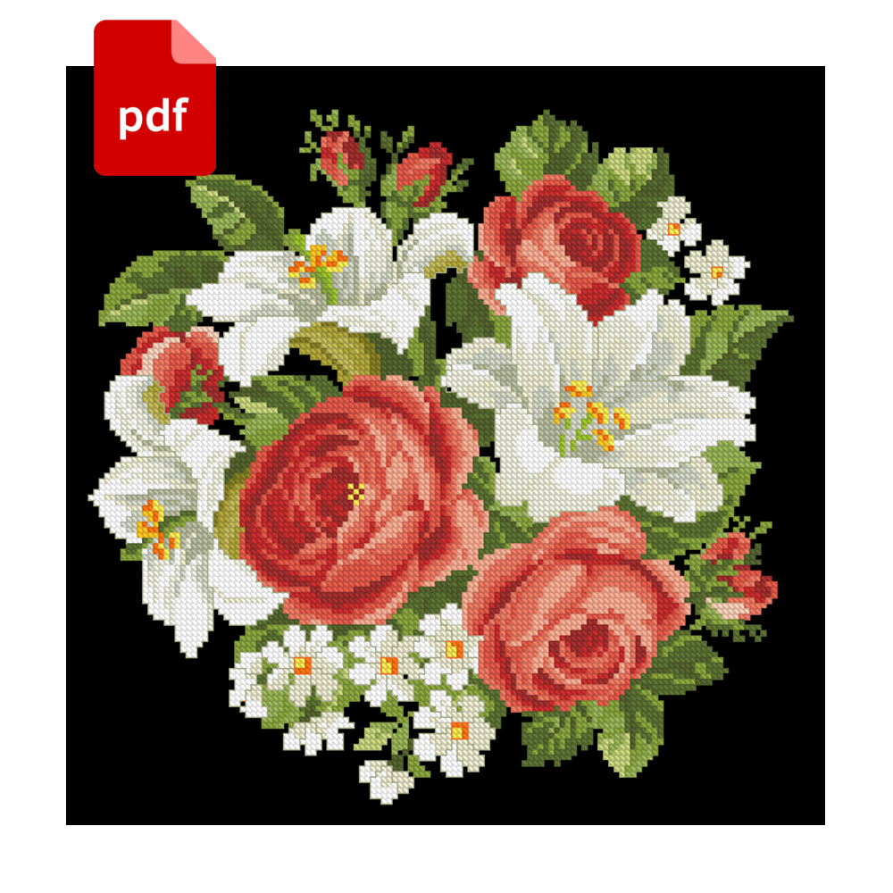 Cross Stitch Vintage Flowers Bouquet Chart Lilies And Roses Cross Stitch Pattern Pdf 0