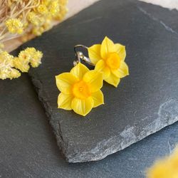 Narcissus earrings, Yellow leverback daffodil earrings