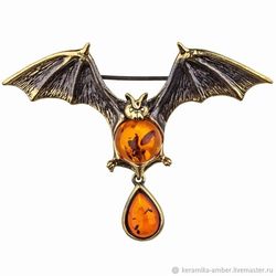 bat brooch pin halloween jewelry brooch bat jewelry animal brooch gold brass amber brooch orange fall jewelry brooch