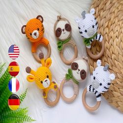 SET of 4 crochet PATTERN baby rattles – safari animals giraffe, sloth, zebra, tiger. Crochet baby rattle PDF pattern
