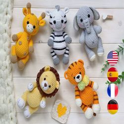 Amigurumi SUPER PACK 5 in 1 crochet PATTERNS: tiger, zebra, elephant, giraffe, lion. Safari animal easy pattern pdf