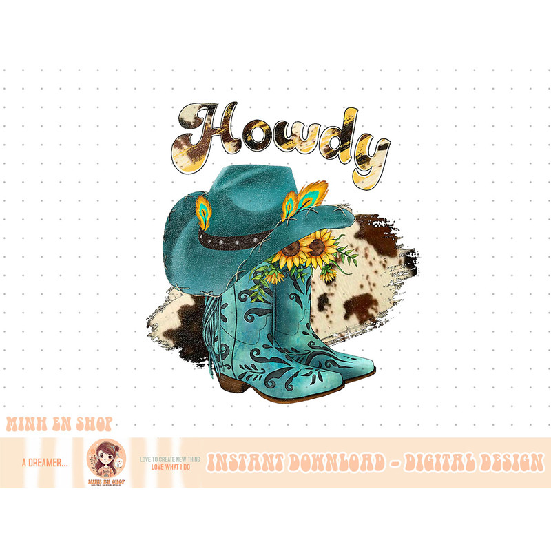 Cowhide Turquoise Western Cowboy Boots Hat Howdy Rodeo Girl T-Shirt copy.jpg