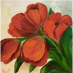 red tulips painting originalart oil painting small artwork bouquet tulips art bright tulips painting flowers painting