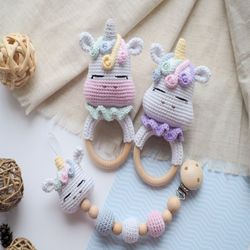 Crochet Unicorn rattle/teether and pacifier clip, Pattern, PDF, English, baby toy, baby shower, stuffed toy, unicorn