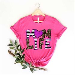mom life shirt, funny mother's day gift, leopard cheetah print with messy bun, for women tshirt, mom life kid life, funn