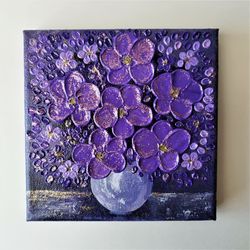 Vibrant Textured Acrylic Painting of Purple Flowers in a Vase