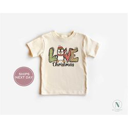 Love Christmas Toddler Shirt - Retro Christmas Kids Shirt - Penguin Christmas Shirt - Vintage Natural Toddler Tee
