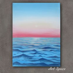original painting on stretched canvas **gentle dawn**, sea, sun, blue painting, for the kitchen, bedroom decoration, art