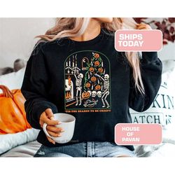 tis the season to be creepy tshirt, pumpkin, skeletons, halloween shirt, oversized, halloween sweatshirt, fall sweatshir