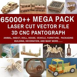 65000 Megapack laser cut vector, dxf cdr 2d 3d files cnc, router plasma cutting
