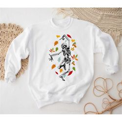 fall leaves dancing skeleton shirt, happy halloween t-shirt, halloween tee sweatshirt, halloween costume shirt, women's