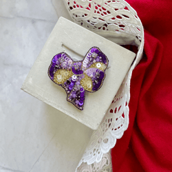 Beaded Brooch Exquisite Purple Bow In Gold, Handmade Embroidered Jewelry, Delicate Brooch, Pin Purple, Embroidery