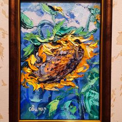 Sunflowers Landscape Oil Painting Impasto Original Framed Artist Svinar Oksana