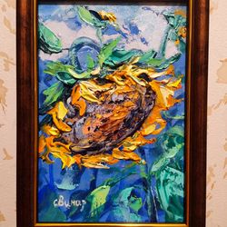 sunflowers landscape oil painting impasto original framed artist svinar oksana