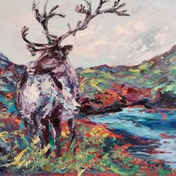 Deer North Lake Mountains Reindeer Original Art Oil Painting Abstract Artist Svinar Oksana