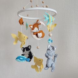 Fox, cats & fish baby mobile, gender neutral nursery decor, expecting mom gift, baby shower gift, custom crib mobile