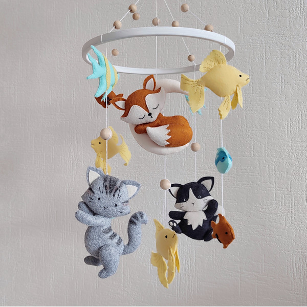 Baby mobile Fox on the moon, cats and fish Nursery decor (37).jpeg