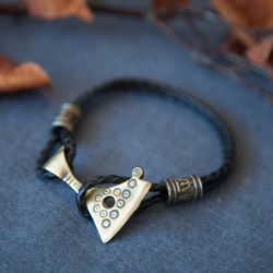 Viking bracelet on leather cord with Hatchet replica. Pagan handcrafted jewelry. Perun axe Slavic reconstruction.