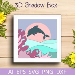 Ocean shadow box svg, 3d layered dolphin and flowers svg template