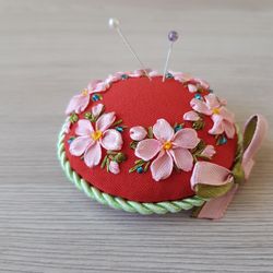 Red pincushion pillow ribbon embroidery, round pin keeper , embroidered pin accessory