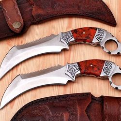 Custom Handmade D2 Steel 11 inch Hunting Karambit knives Pair With Beautiful Leather Sheath