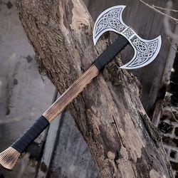 double headed viking axe, battle axe, hand forged steel double blade viking axe
