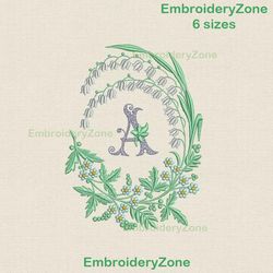 Monogram frame lilies of the valley forget me nots machine embroidery design, oval wreath with flowers design, 6 sizes