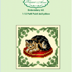 Embroidery kit for a miniature pillow for a dollhouse (a cat lies) in 1/12 scale