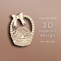 easter basket with eggs, 3d layered svg, floral flower holiday decoration, paper cut, papercut template