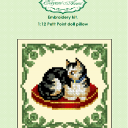 Embroidery kit for a miniature pillow for a dollhouse (cat sitting) in 1/12 scale