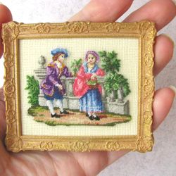 Miniature tapestry embroidery kit for dollhouse "Lady and gentleman" in 1/12 scale