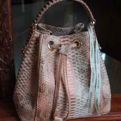 Genuine python skin peachy gold bucket crosshandle bag designer women purse | classy elegant crossbody PAULA bag | exoti