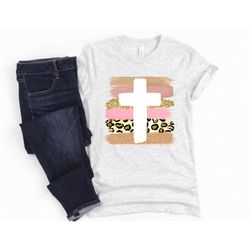 easter shirt bright rainbow leopard stripe cross unisex tee cute gift for her encouraging inspiring christian shirt