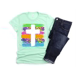 easter shirt bright rainbow leopard stripe cross unisex tee cute gift for her encouraging inspiring christian shirt